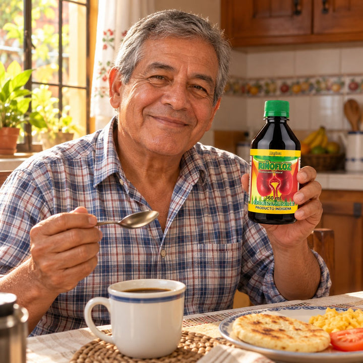 Señor de 63 años desayunando tranquilo con Riñofloz