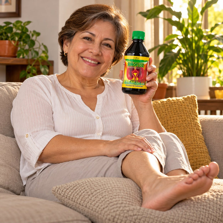 Señora descansando con los pies arriba, sin hinchazón