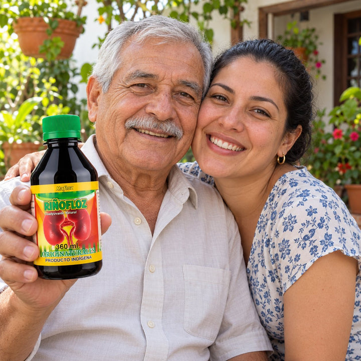 Hija abrazando a su papá que toma Riñofloz