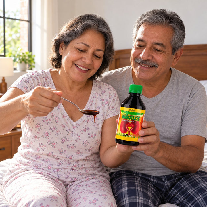 Pareja tomando su cucharada de Riñofloz antes de dormir